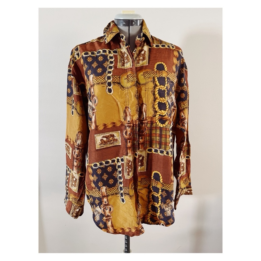 VTG SLB Sunny Leight Sz M Silk Equestrian Hunting Theme Button Down Blouse